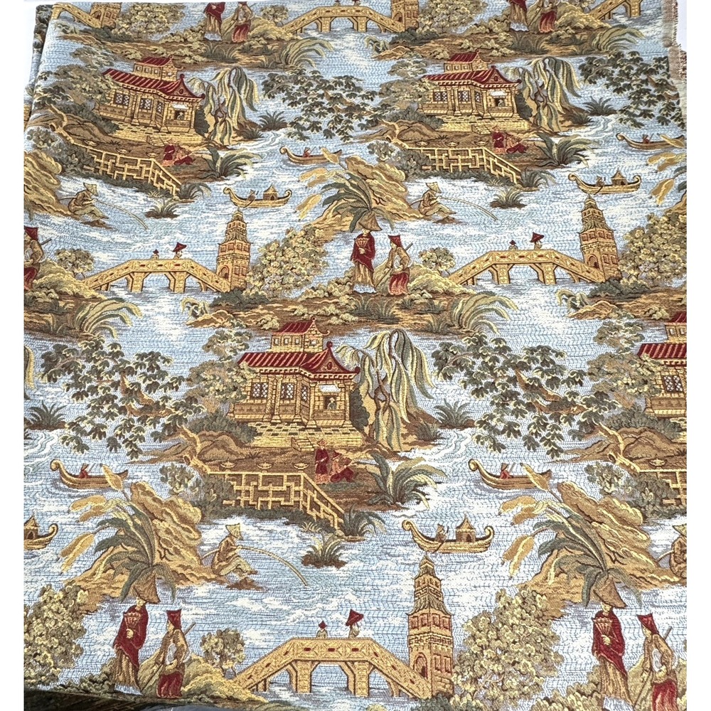 Chinoiserie Asian Scenic Woven Upholstery Fabric Remnant Lot 55" Wide Heavy